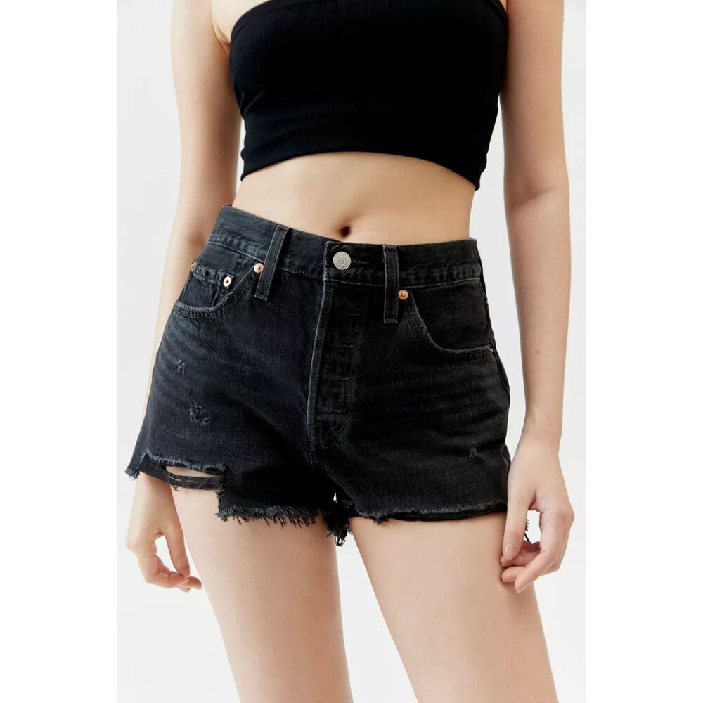 Levi's 501 Original Fit High Rise Cut Off Denim Shorts Lunar Black size 27 28"